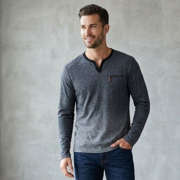 Guess Other - Guess Mens XL Charcoal Grey Heathered Split Neck Long Sleeve Zipper Pocket Shirt